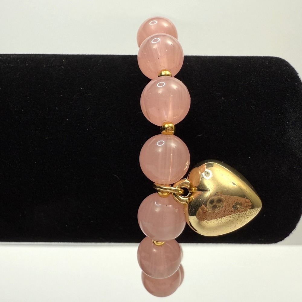 Rose Quartz Pink Beaded Bracelet Gold Heart Charm Accent Stretch Jewelry 6.5
